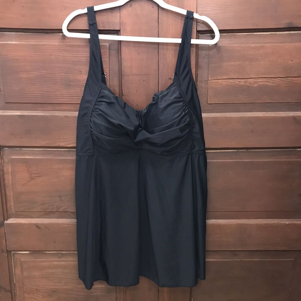 Yonique Ruched Criss-Cross NWT Black Tankini Top Women's Swimsuit Size 24W NWT